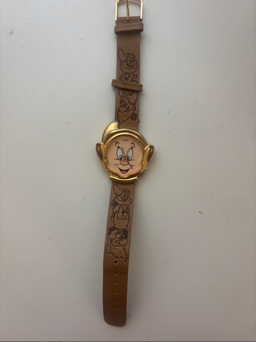 Timex Gold-Tone Cartoon Face Watch with Brown Leather Strap